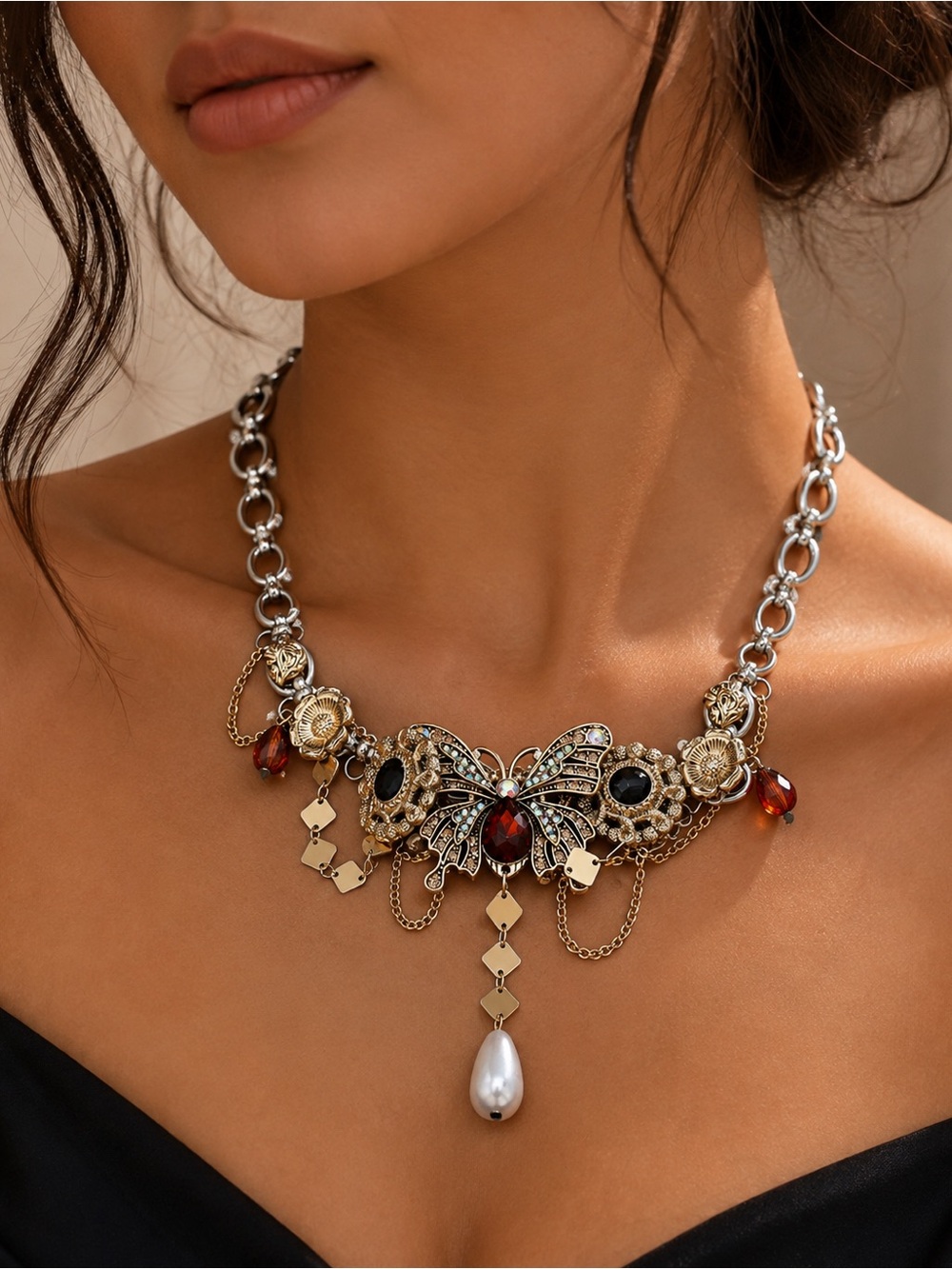 Gold-Tone Butterfly Statement Necklace with Red and Black Accents